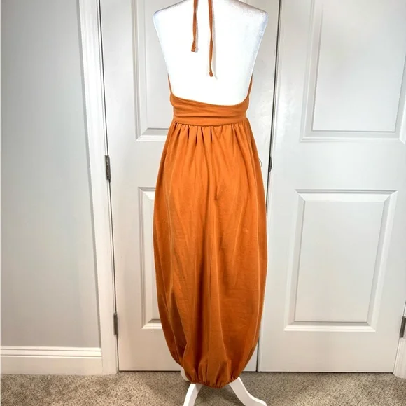 Zara Bubble Hem Balloon Halter Maxi Dress Backless Orange Boho Resort Small - Picture 2 of 9